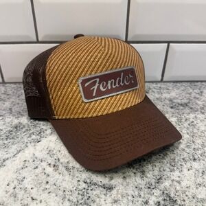 Fender Mens OSFM Trucker Hat Brown Tweed Mesh Snapback Music Guitar Cap